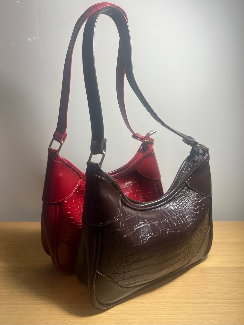 Lily Morgan Croc-Embossed Crescent Hobo Shoulder Bags – Set of 2 (Brown & Red) - Picture 3 of 14